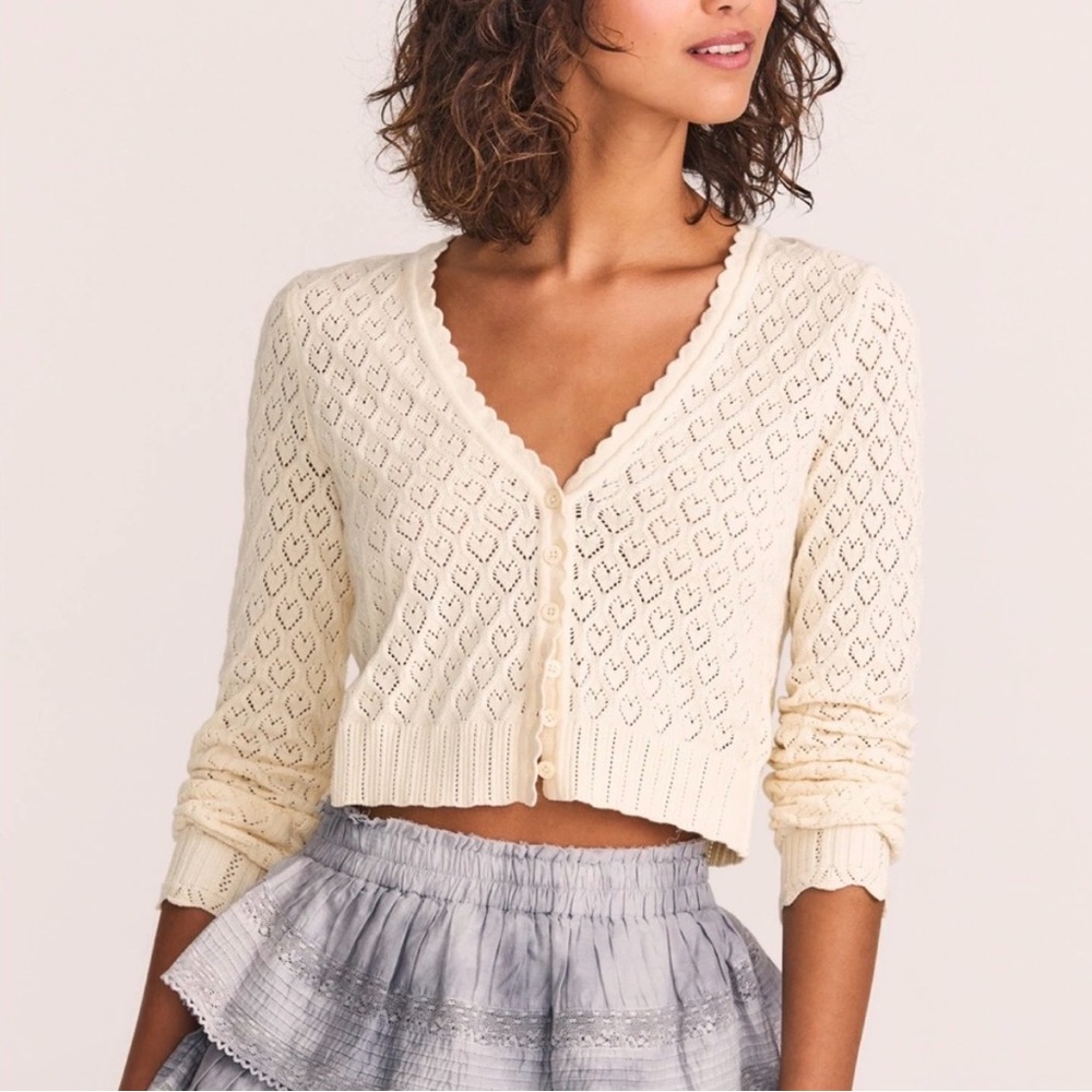 LoveShackFancy Janie Cropped Pointelle Cream Knit Cardigan